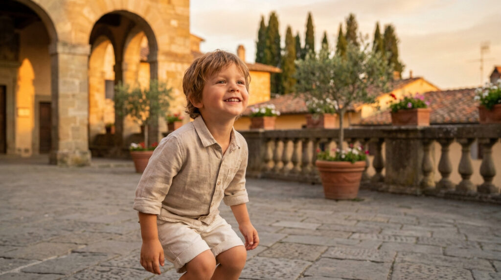 Un petit garçon souriant vêtu de lin jouant sur une terrasse pavée en Italie au coucher du soleil.