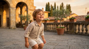 Un petit garçon souriant vêtu de lin jouant sur une terrasse pavée en Italie au coucher du soleil.