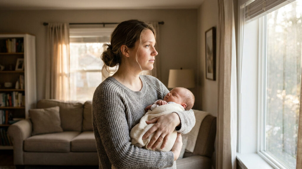 Une jeune mère portant son bébé et regardant par la fenêtre avec un air pensif dans un salon chaleureux.