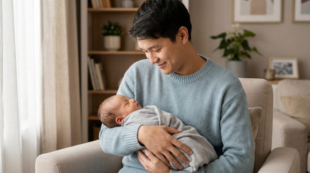 Un père asiatique souriant, vêtu d'un pull bleu, tenant tendrement son nouveau-né enveloppé dans une couverture grise.