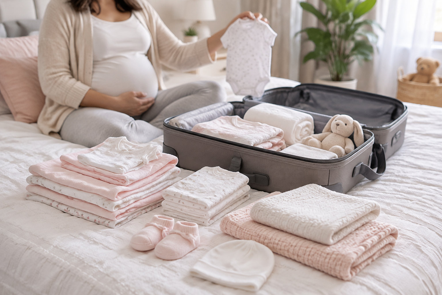Une femme enceinte tient un vêtement de bébé au-dessus d’une valise ouverte remplie de vêtements et d’une peluche, tandis que d’autres vêtements pour bébé sont disposés sur le lit.