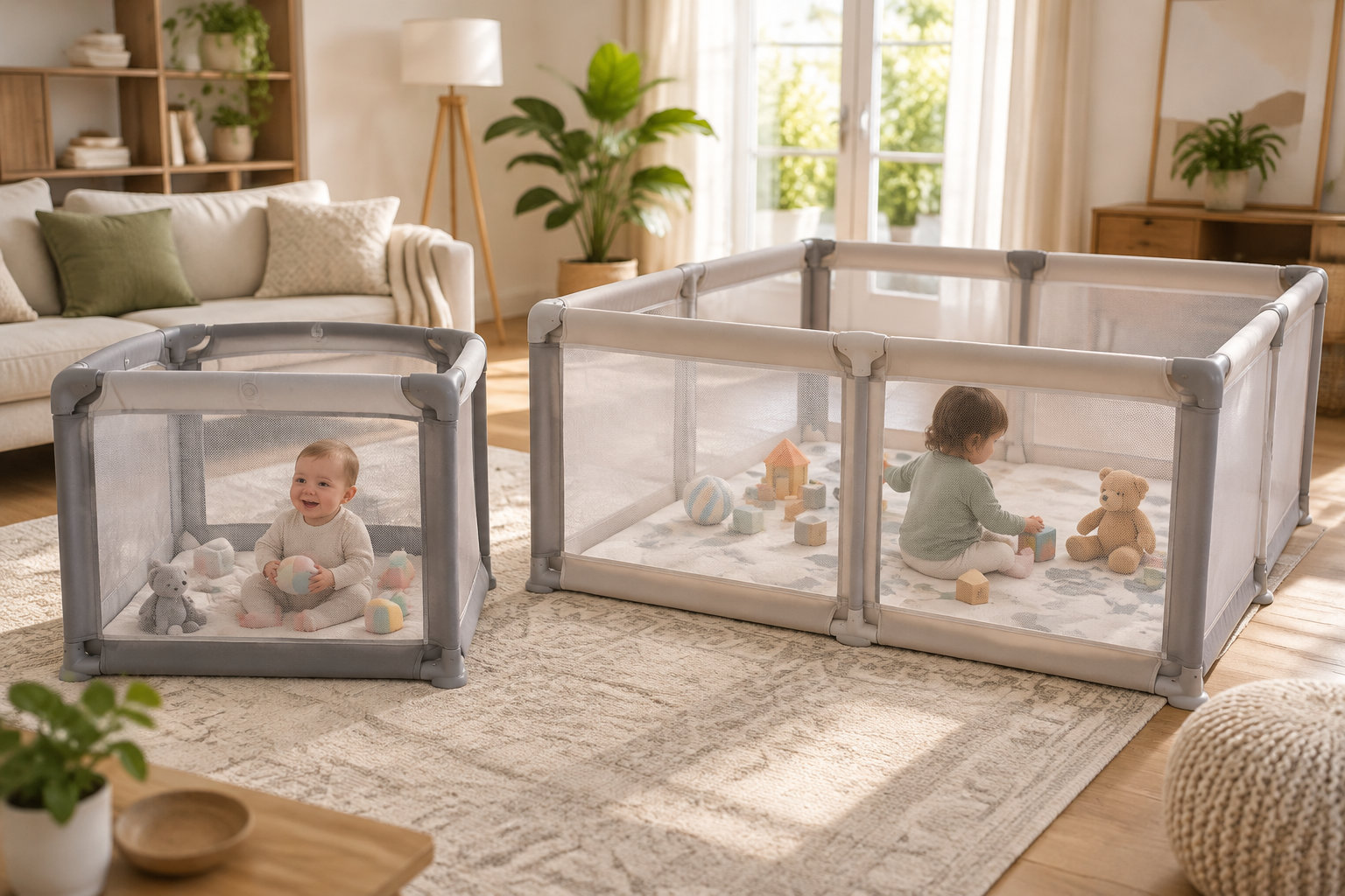 Deux jeunes enfants jouent avec des jouets dans des parcs en tissu installés sur un grand tapis, au milieu d’un salon lumineux.