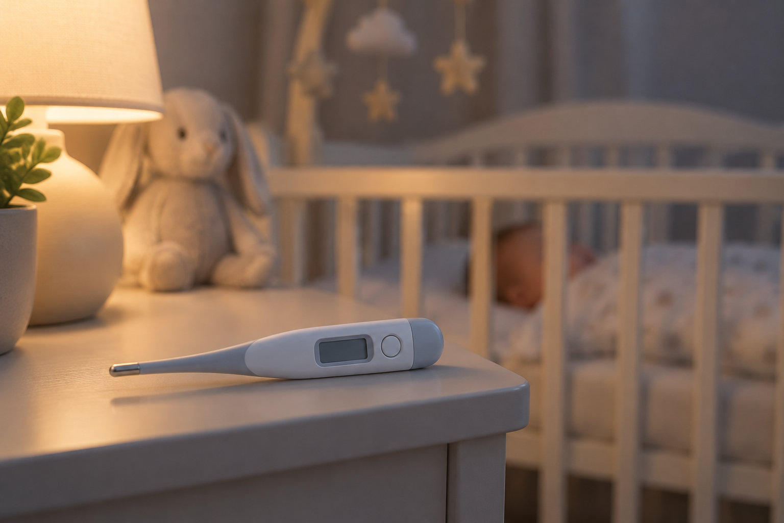 Un thermomètre numérique repose sur une table de chevet, près d’une lampe et d’une peluche, devant un lit à barreaux.
