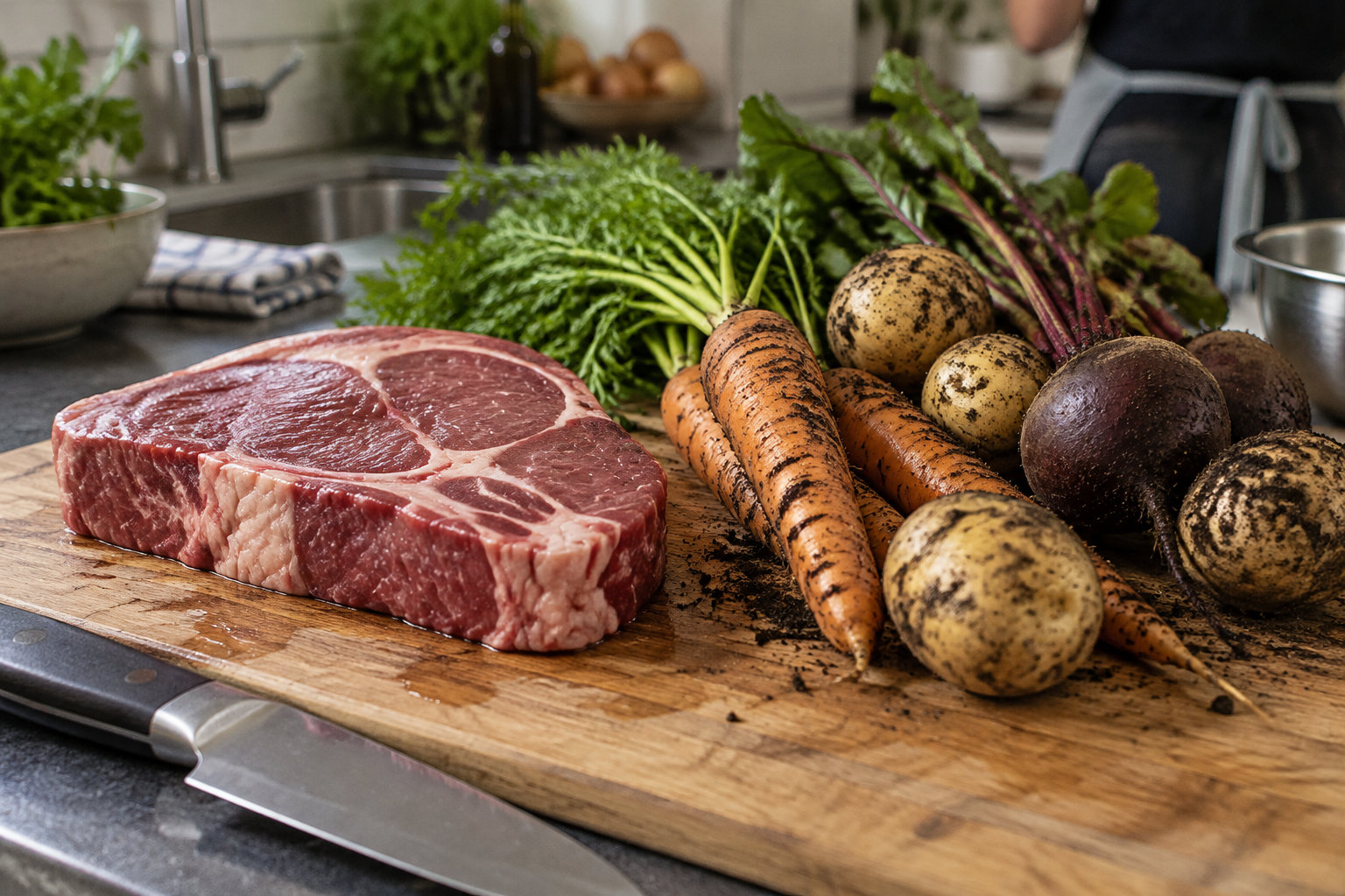Un morceau de viande crue, des carottes, des pommes de terre et des betteraves sont disposés sur une planche en bois dans une cuisine.