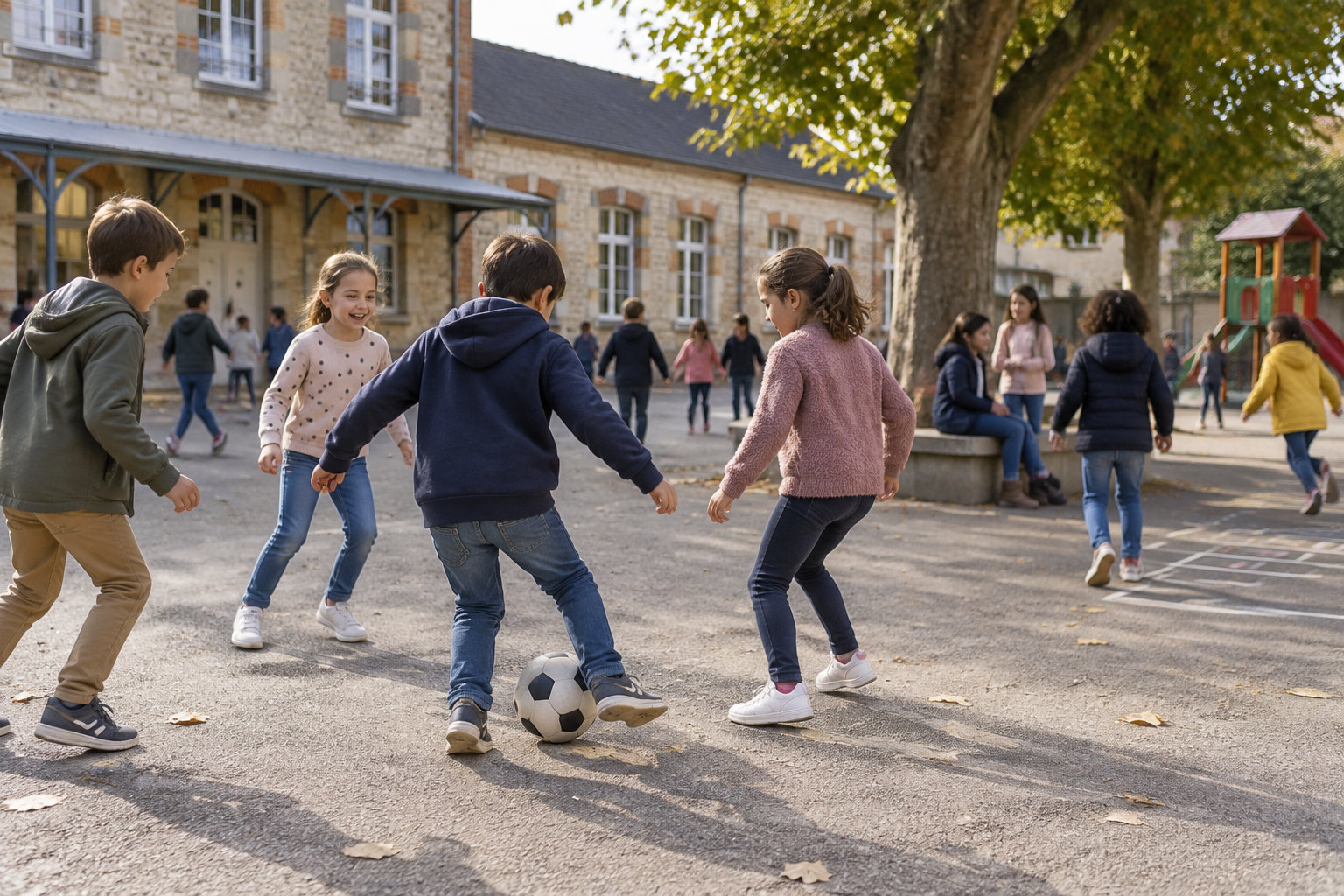 Des enfants jouent au ballon dans la cour d’une école, tandis que d’autres élèves se promènent et jouent près d’un arbre et d’une aire de jeux.