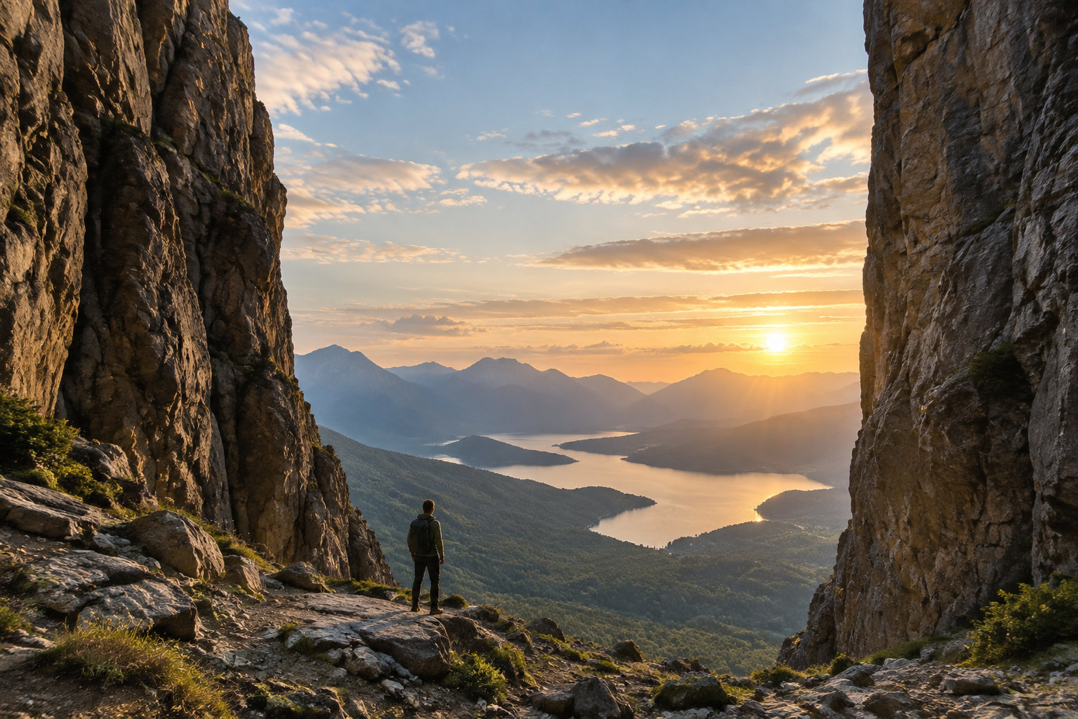 Un randonneur se tient entre deux parois rocheuses et contemple un lac entouré de montagnes au coucher du soleil.