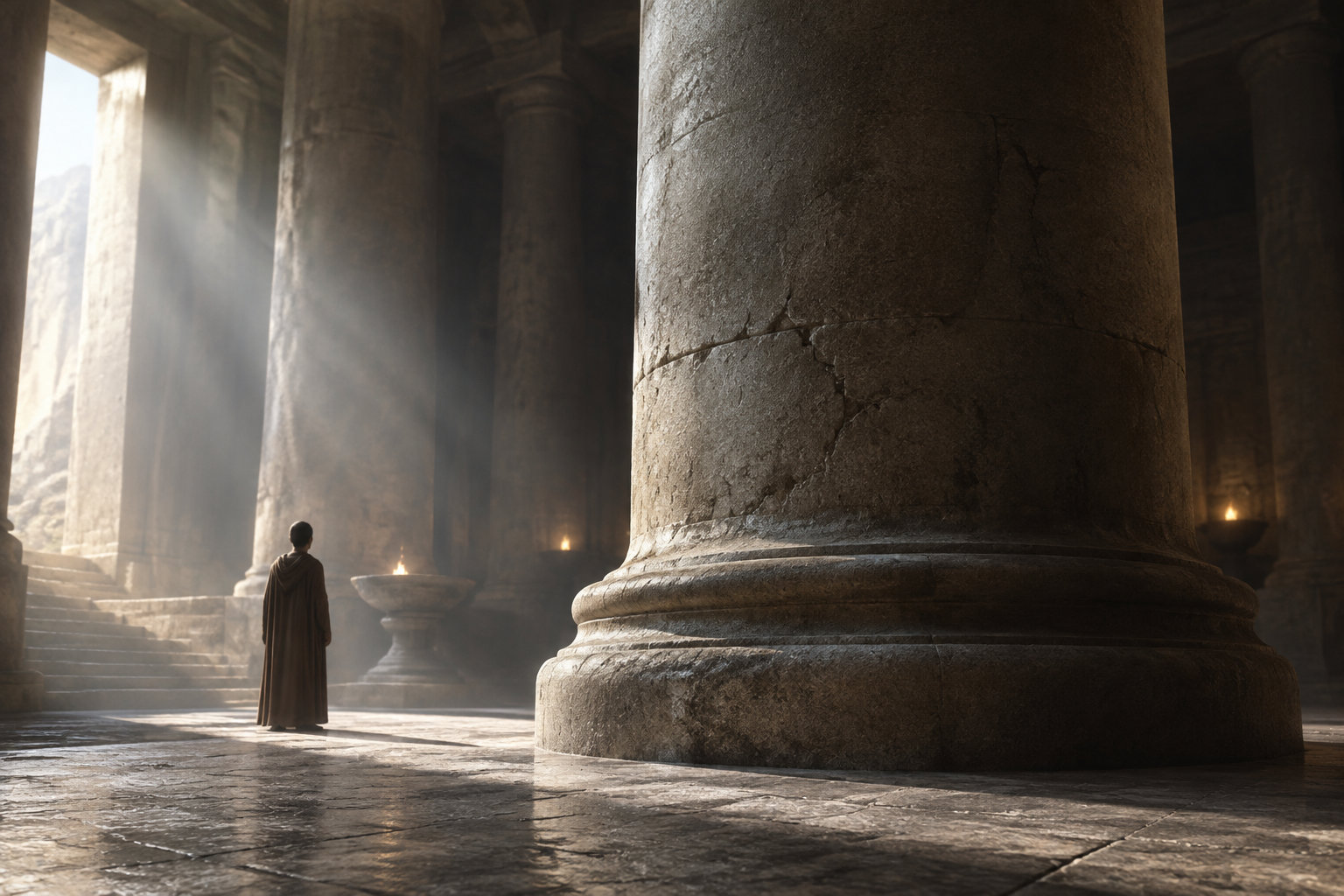 Une personne vêtue d’une longue robe se tient dans une vaste salle de pierre éclairée par des rayons de lumière et des flammes, près d’une colonne monumentale.