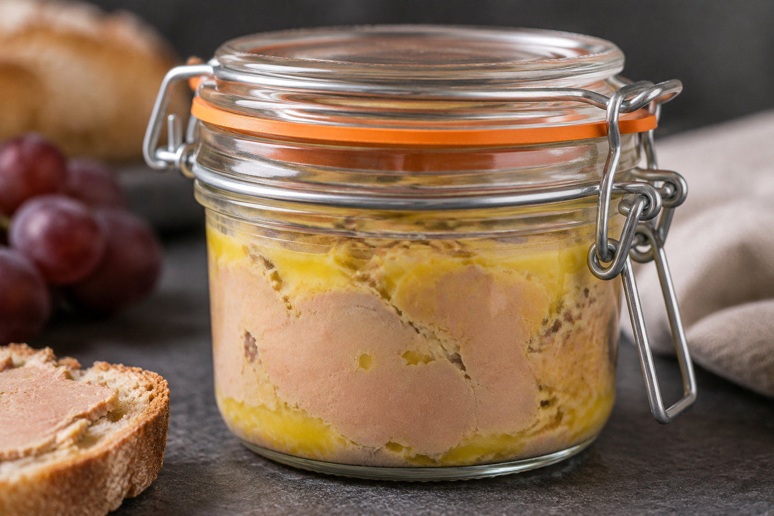Un bocal en verre contenant une préparation rosée baignant dans du gras jaune est posé près d’une tranche de pain garnie et de raisins.