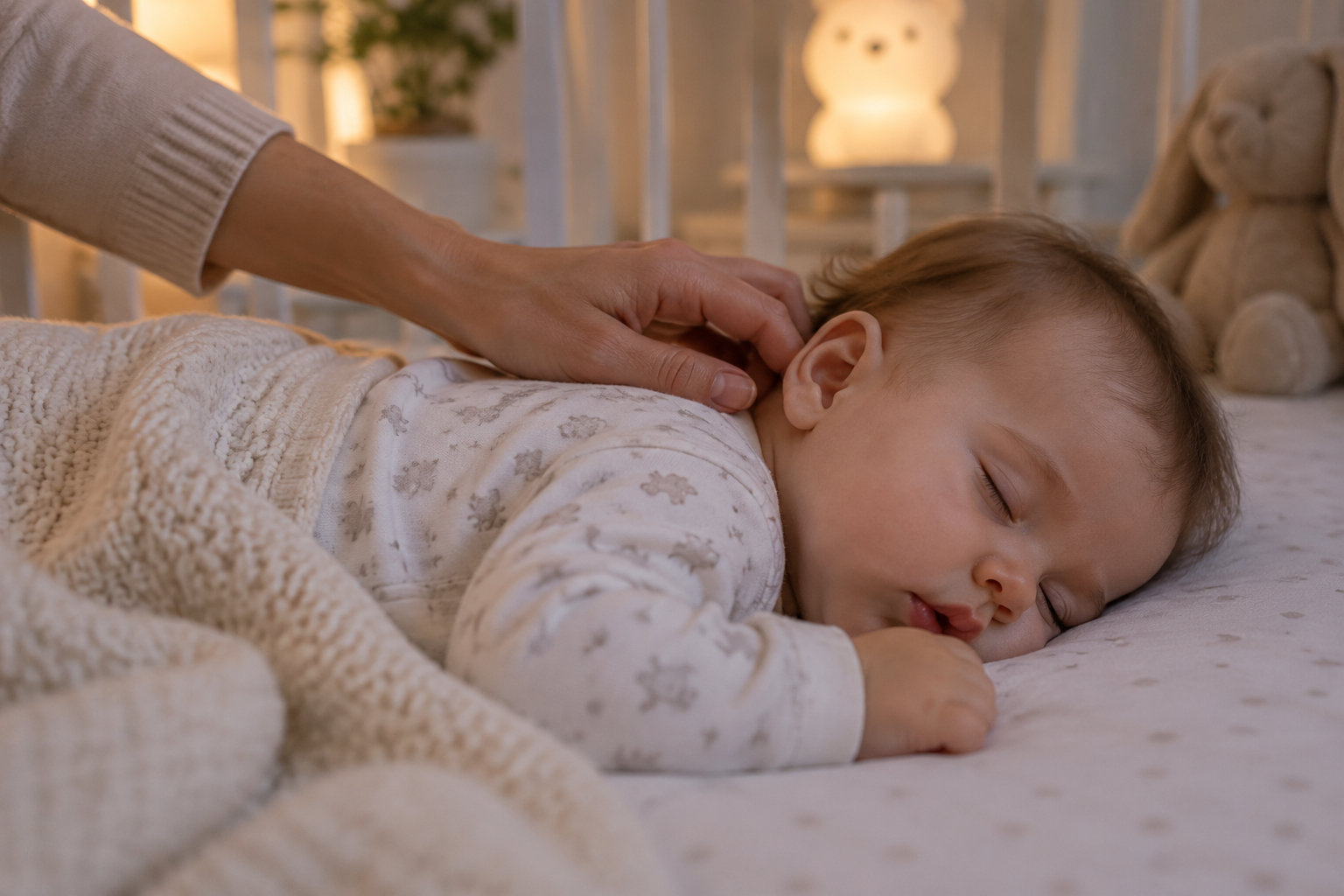 Un bébé dort sur le ventre dans un lit, tandis qu’une main lui caresse doucement le dos.
