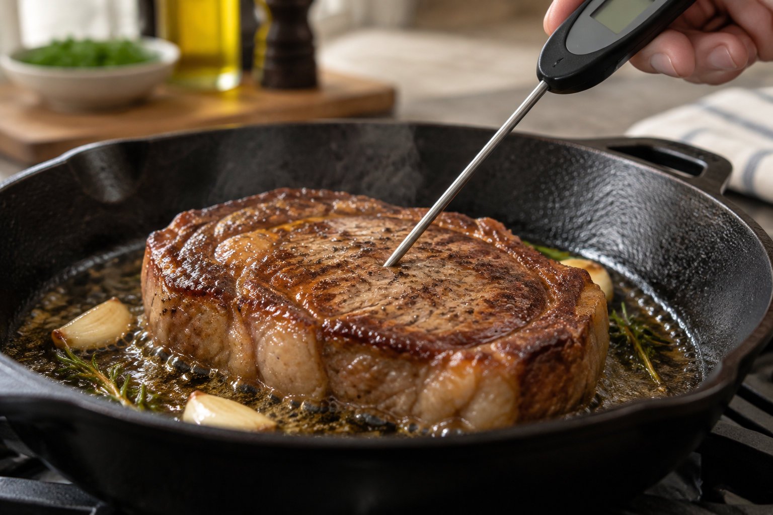 Une main mesure la température d’un steak épais qui cuit dans une poêle en fonte avec des herbes et des morceaux d’ail.