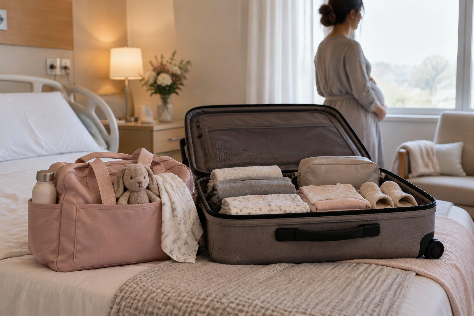 Une valise ouverte et un sac rose remplis de vêtements, de serviettes et d’une peluche sont posés sur un lit, tandis qu’une femme enceinte se tient près d’une fenêtre.