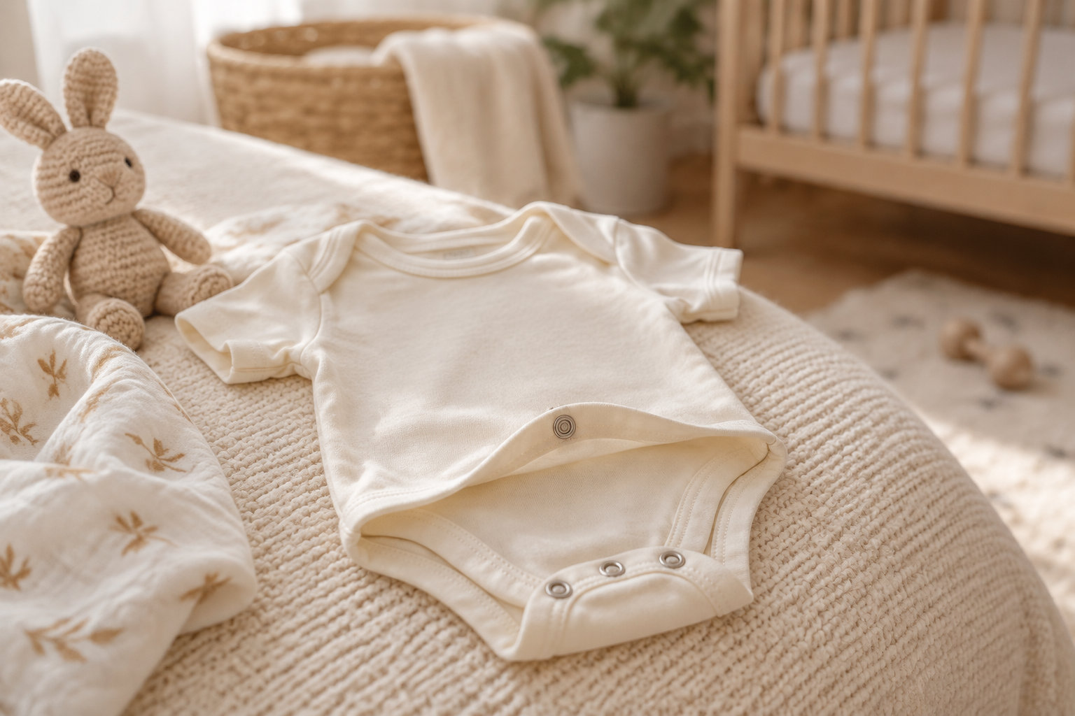 Un body blanc à boutons-pression est posé sur une couverture tricotée, près d’un lapin en peluche, dans une chambre de bébé.