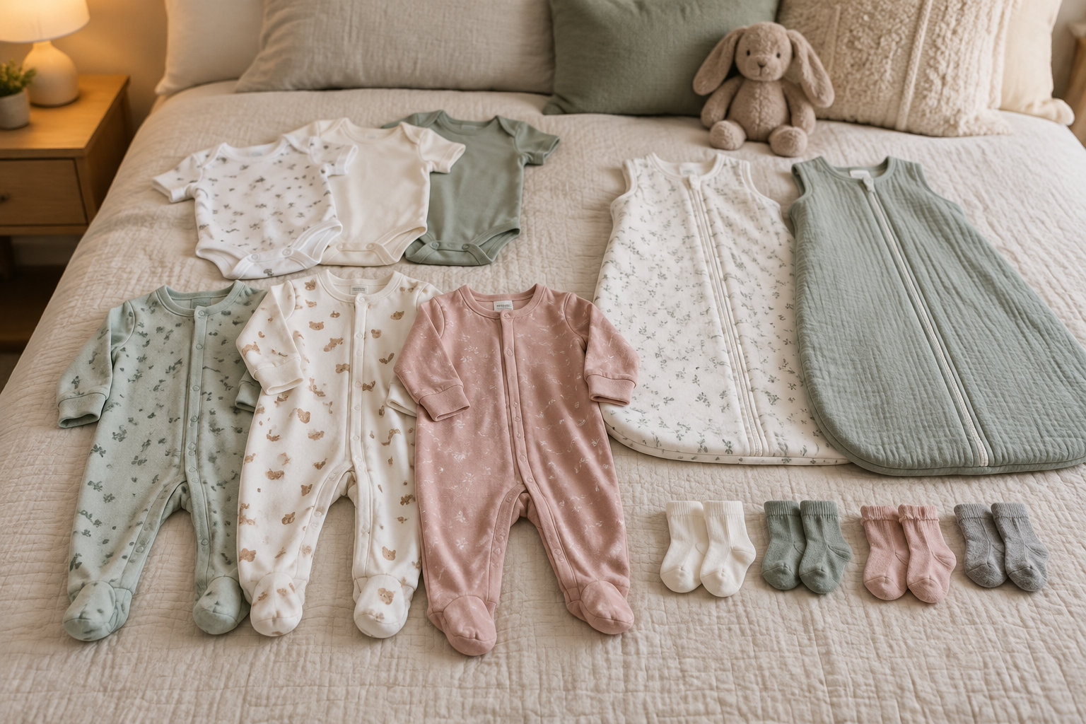 Des vêtements et des chaussettes pour bébé sont disposés sur un lit, près d’une peluche et d’une table de chevet.
