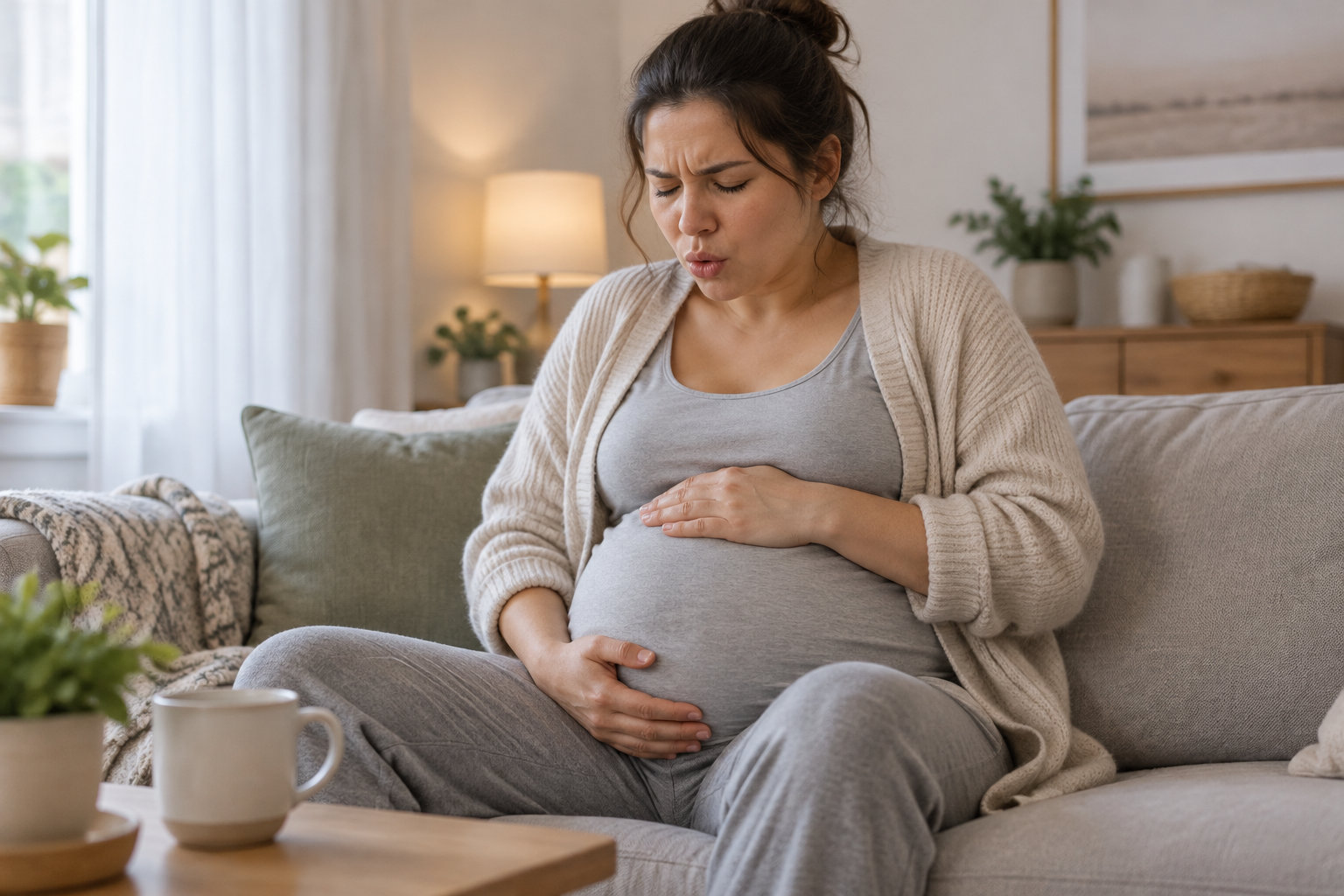 Une femme enceinte assise sur un canapé se tient le ventre, les yeux fermés et le visage crispé.