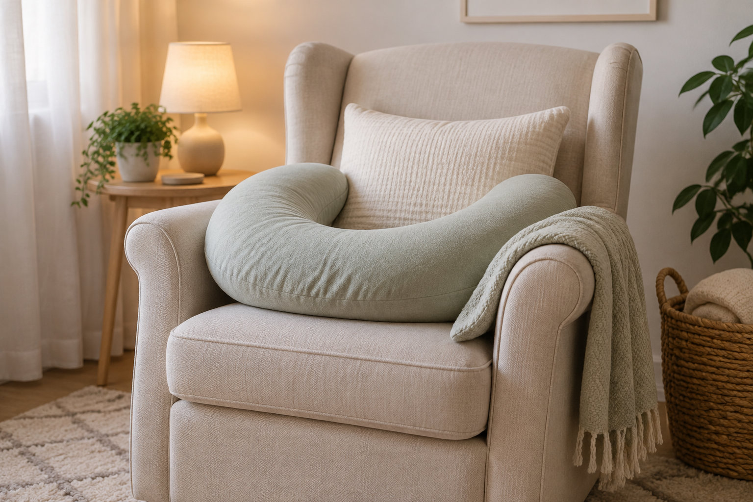 Un fauteuil beige avec un coussin et un traversin de grossesse est installé dans un salon chaleureux, près d’une lampe, de plantes et d’un panier tressé.