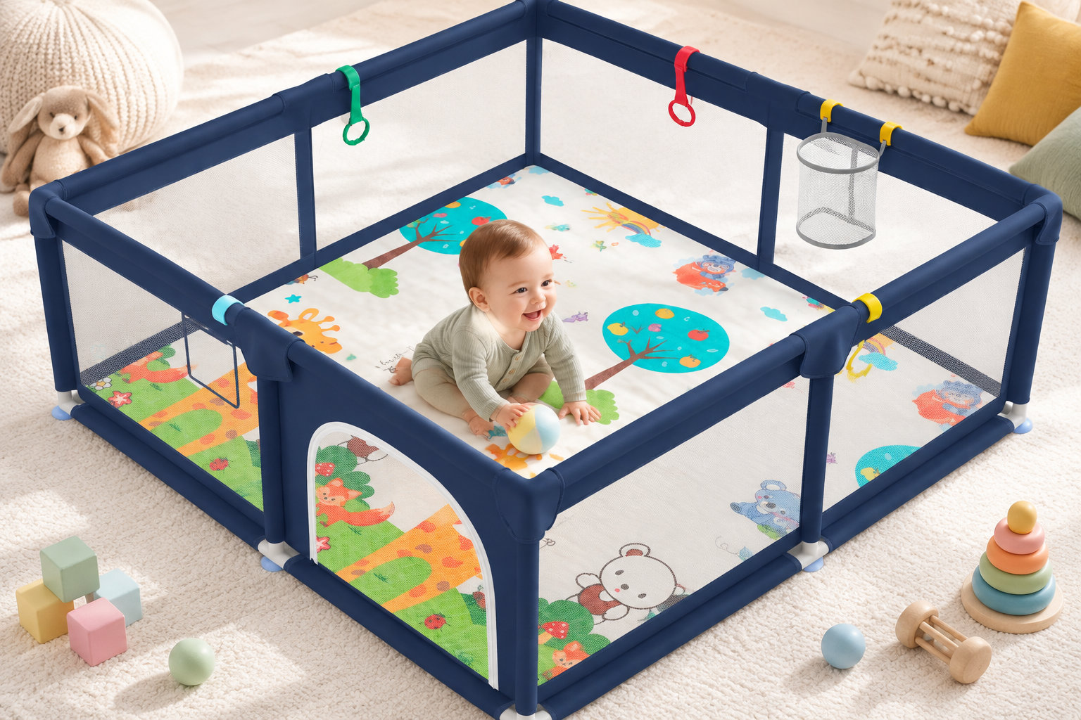 Un bébé joue avec un ballon dans un parc pour bébé bleu, entouré de jouets colorés sur un tapis à motifs.