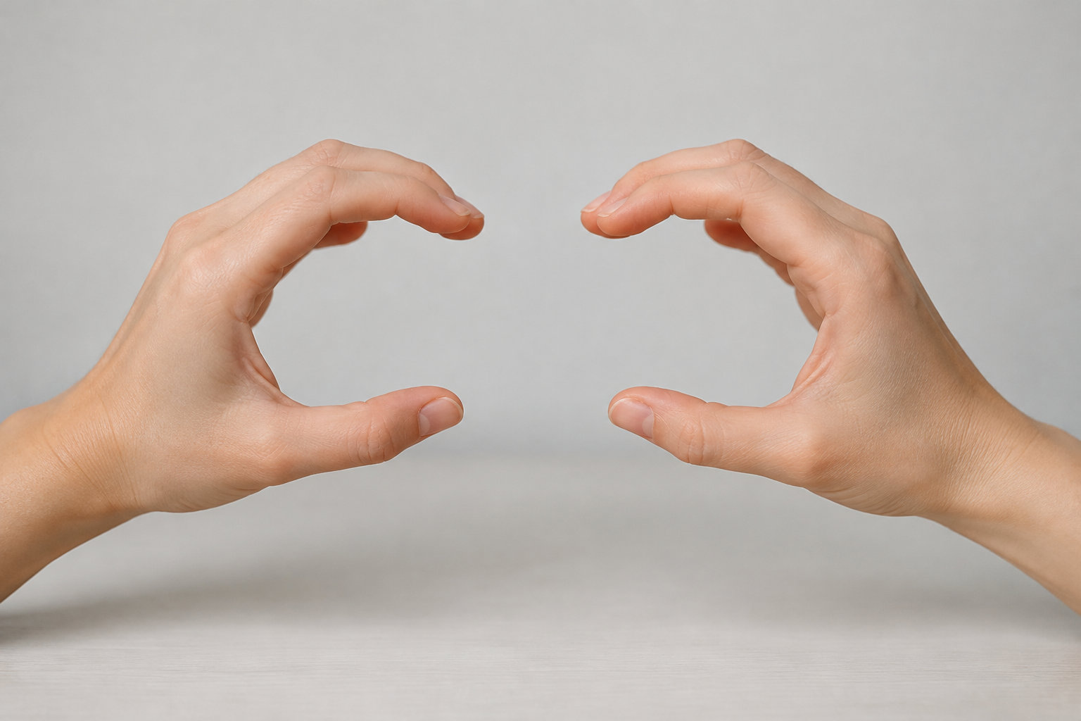 Deux mains se font face, les doigts recourbés en forme de cercle, sur un fond gris clair.