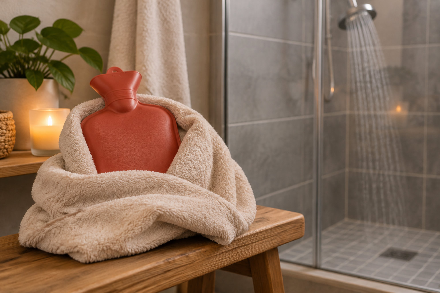 Une bouillotte rouge est enveloppée dans une serviette moelleuse posée sur un banc en bois, près d’une bougie et d’une plante, dans une salle de bains avec une douche vitrée.