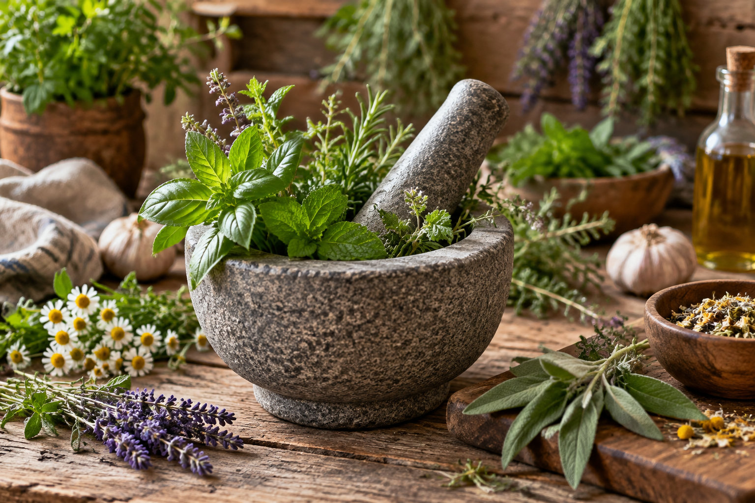 Un mortier en pierre rempli d’herbes fraîches et son pilon sont posés sur une table en bois, entourés de fleurs, d’ail, de bols et d’une bouteille d’huile.