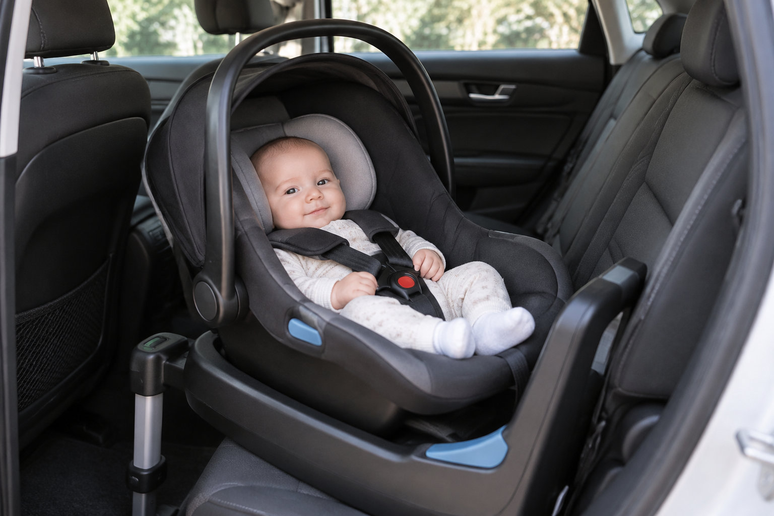 Un bébé souriant est attaché dans un siège-auto installé sur la banquette arrière d’une voiture.