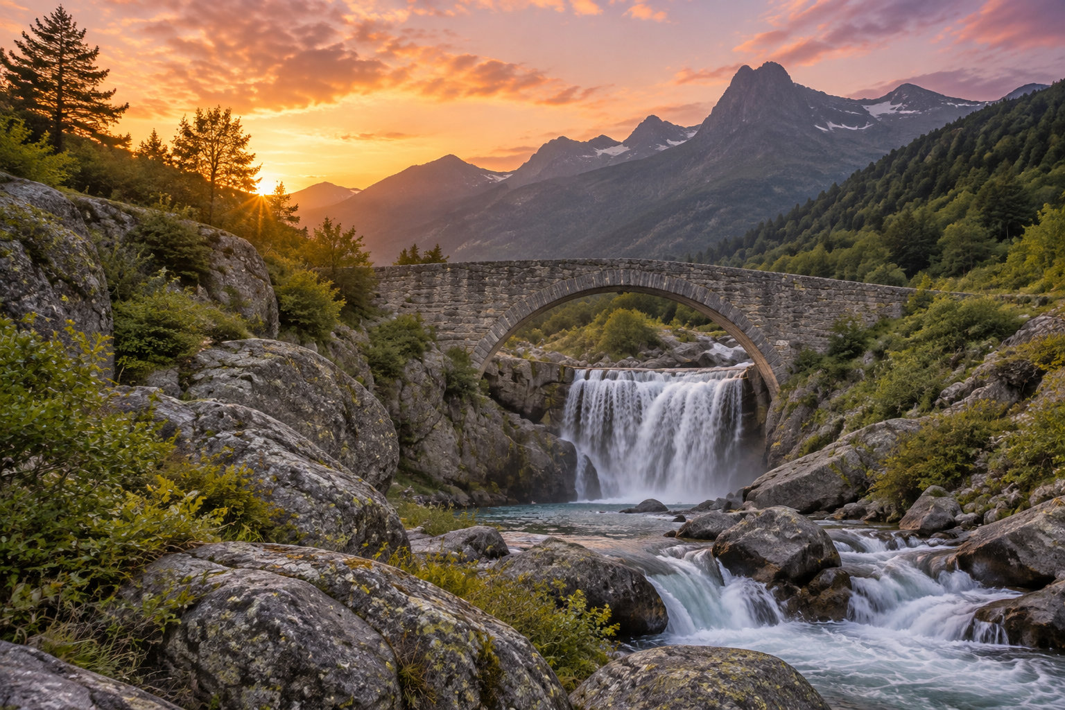 Un pont de pierre en arche surplombe une cascade au milieu de rochers et de forêts, avec des montagnes en arrière-plan sous un ciel de coucher de soleil.