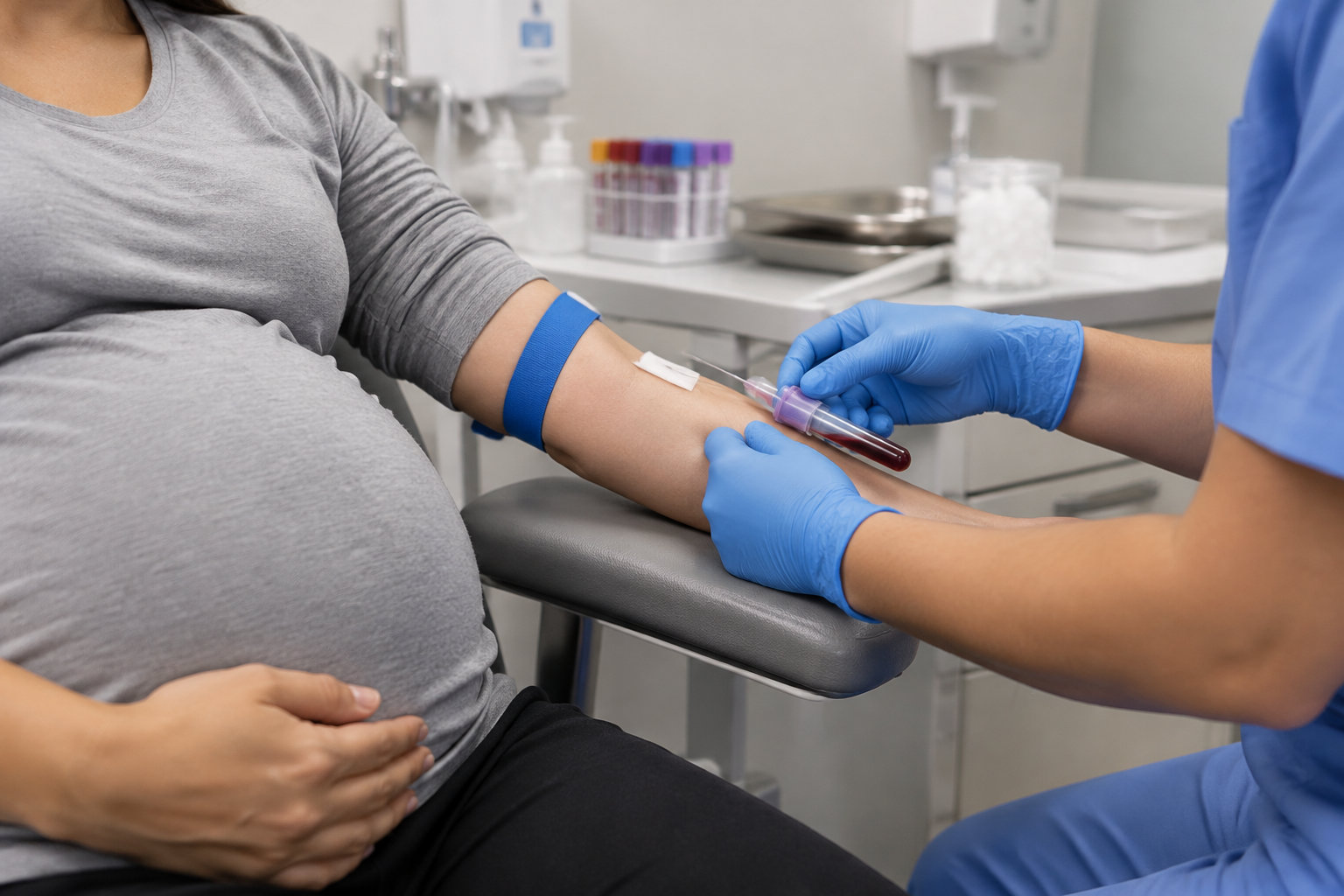 Une professionnelle de santé prélève du sang au bras d’une personne enceinte, qui pose une main sur son ventre.