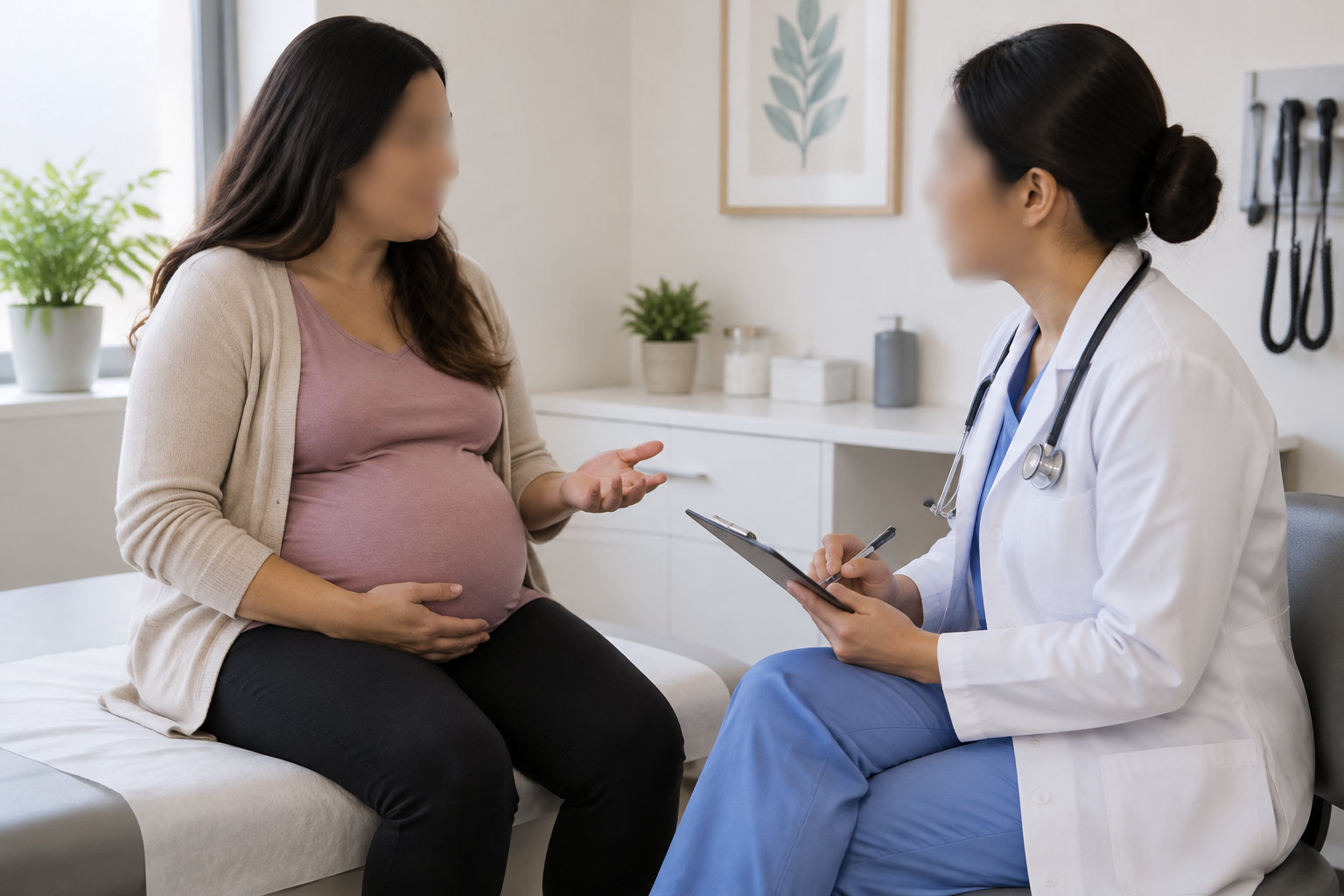 Une femme enceinte assise échange avec une médecin qui prend des notes sur un bloc dans un cabinet médical.