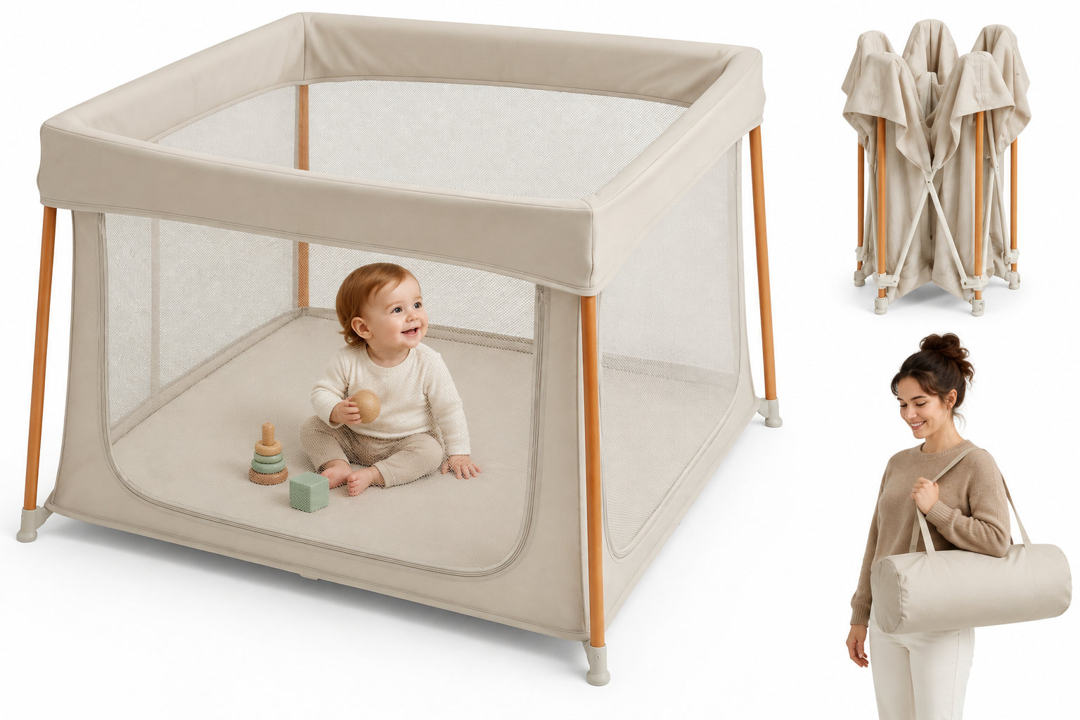 Un bébé assis dans un parc pour enfant en tissu beige tient un jouet, à côté d’un hochet et d’un bloc ; à droite, le parc plié et une femme portant un sac assorti.