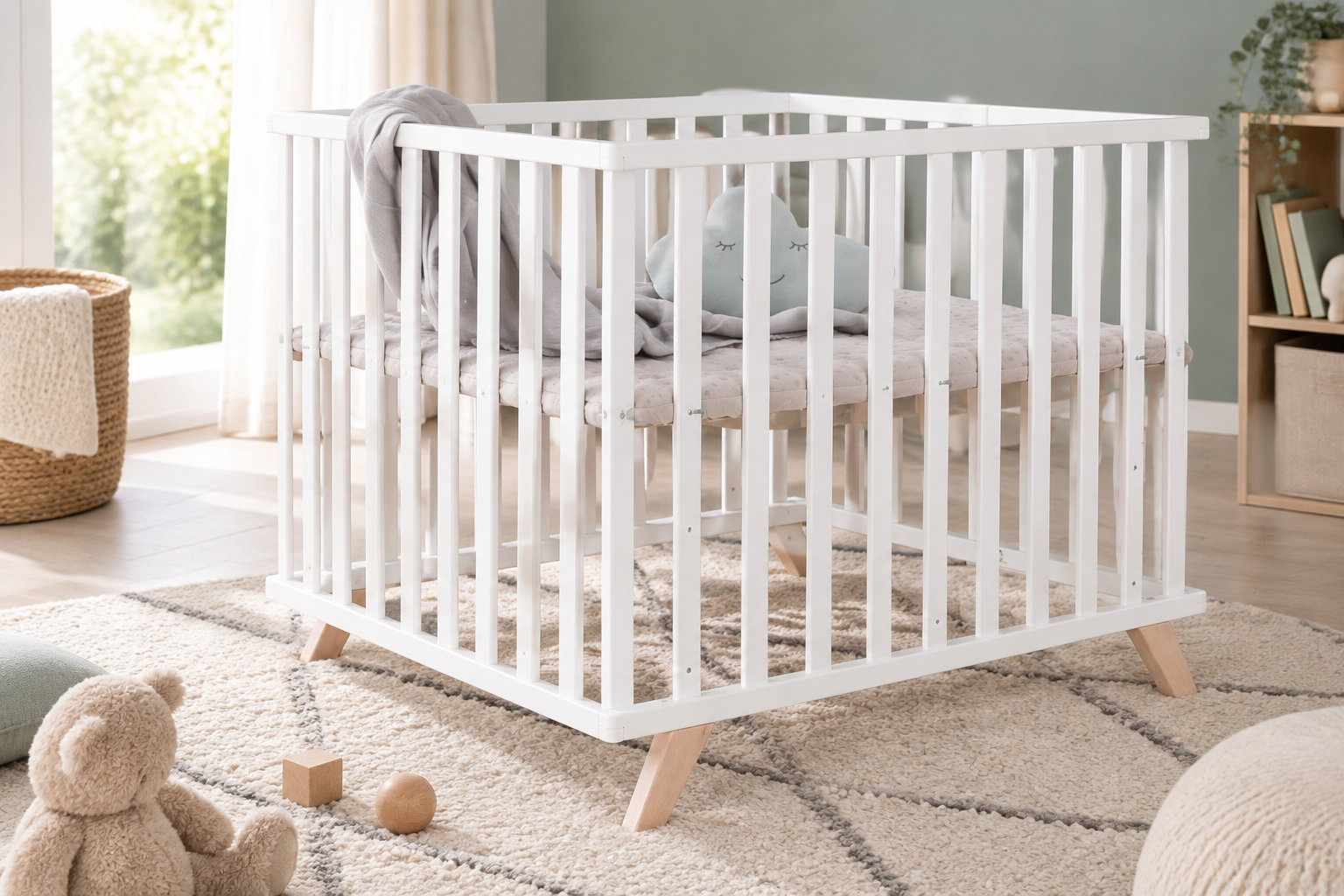 Un lit de bébé blanc avec des barreaux et des pieds en bois se trouve dans une chambre lumineuse, avec une peluche, des jouets et un tapis au sol.