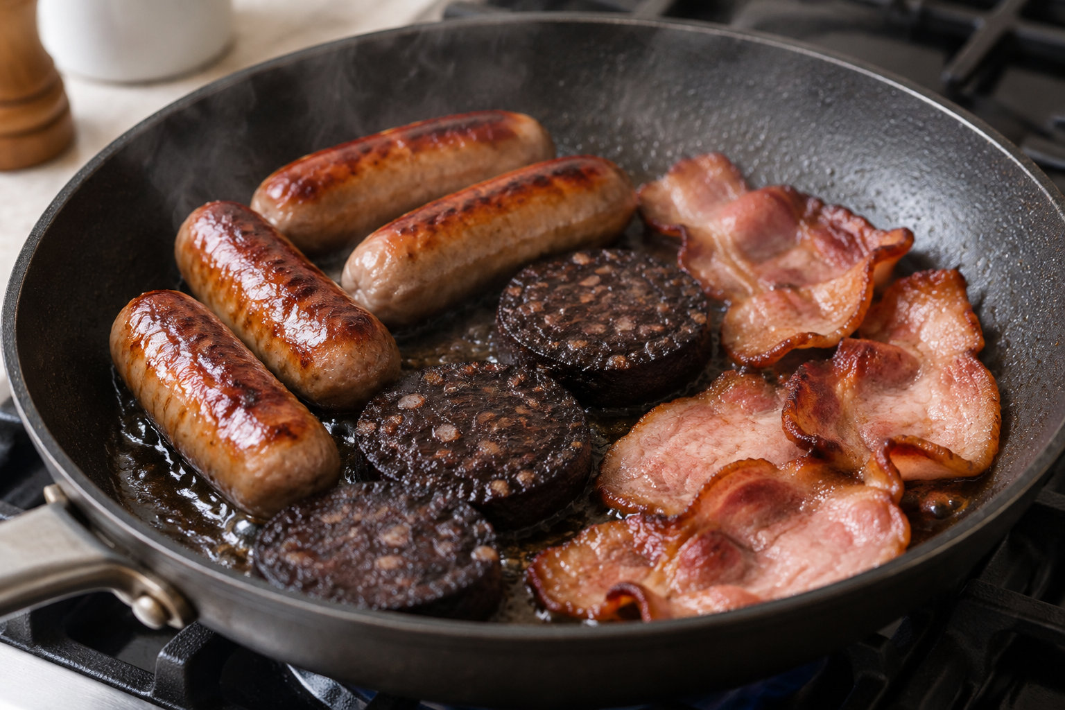 Des saucisses, des tranches de bacon et des galettes de boudin noir cuisent dans une poêle sur une cuisinière.