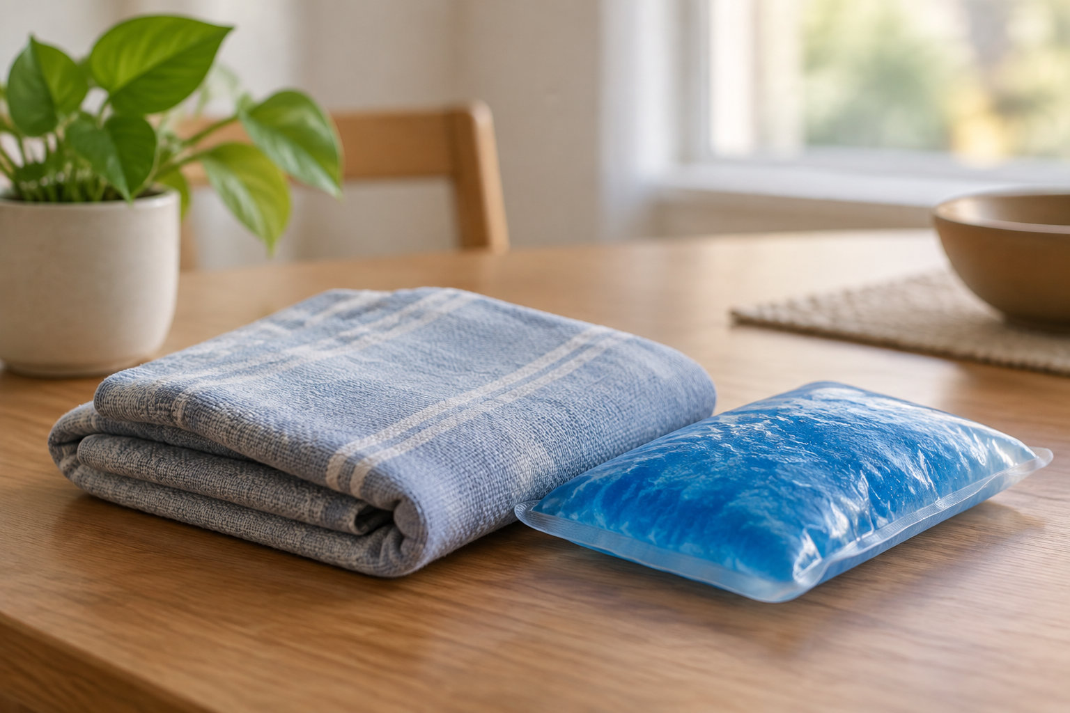 Une serviette bleue pliée et une poche de gel bleue reposent sur une table en bois, près d’une plante en pot.