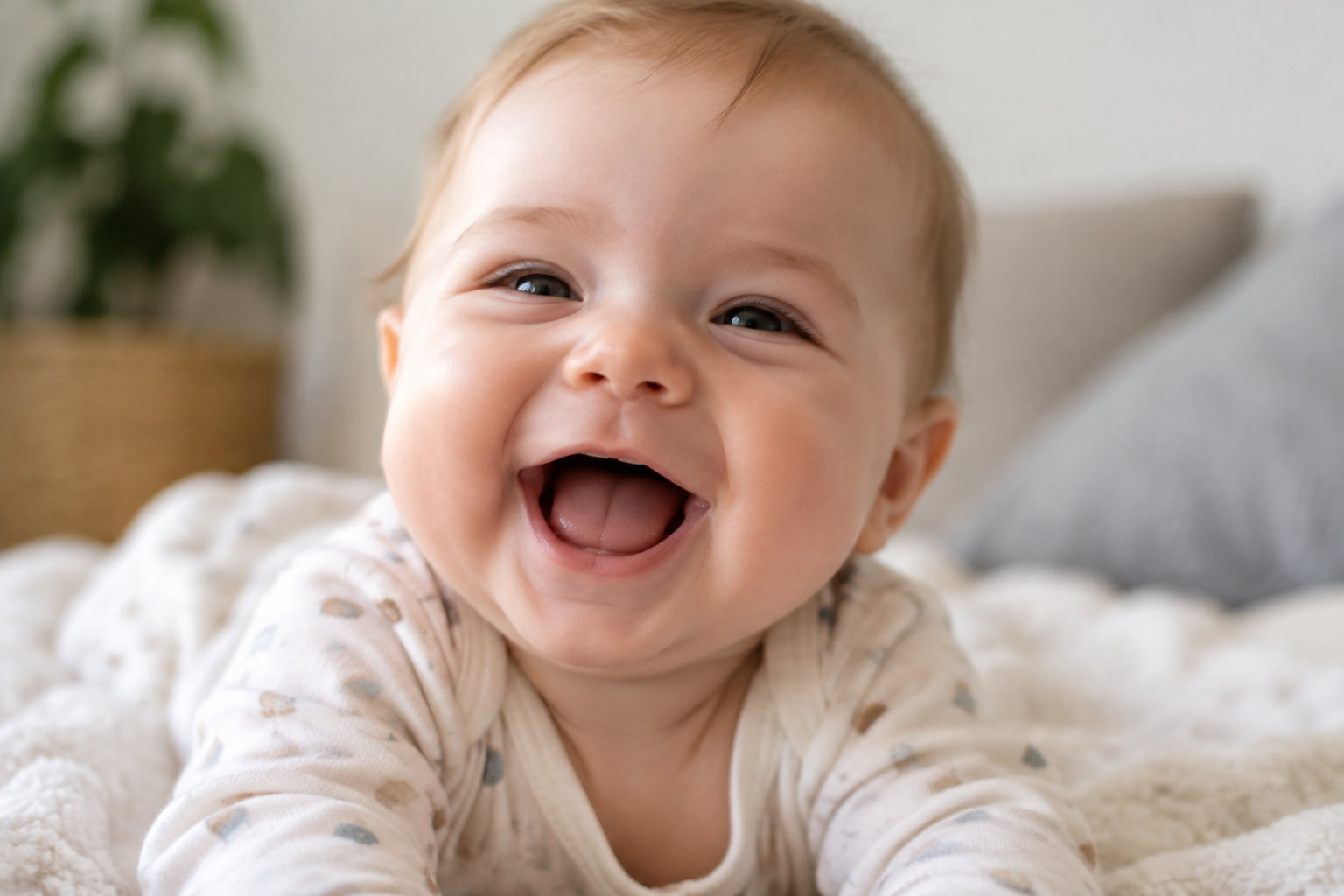 Un bébé souriant est allongé sur une couverture claire, avec une plante floue en arrière-plan.