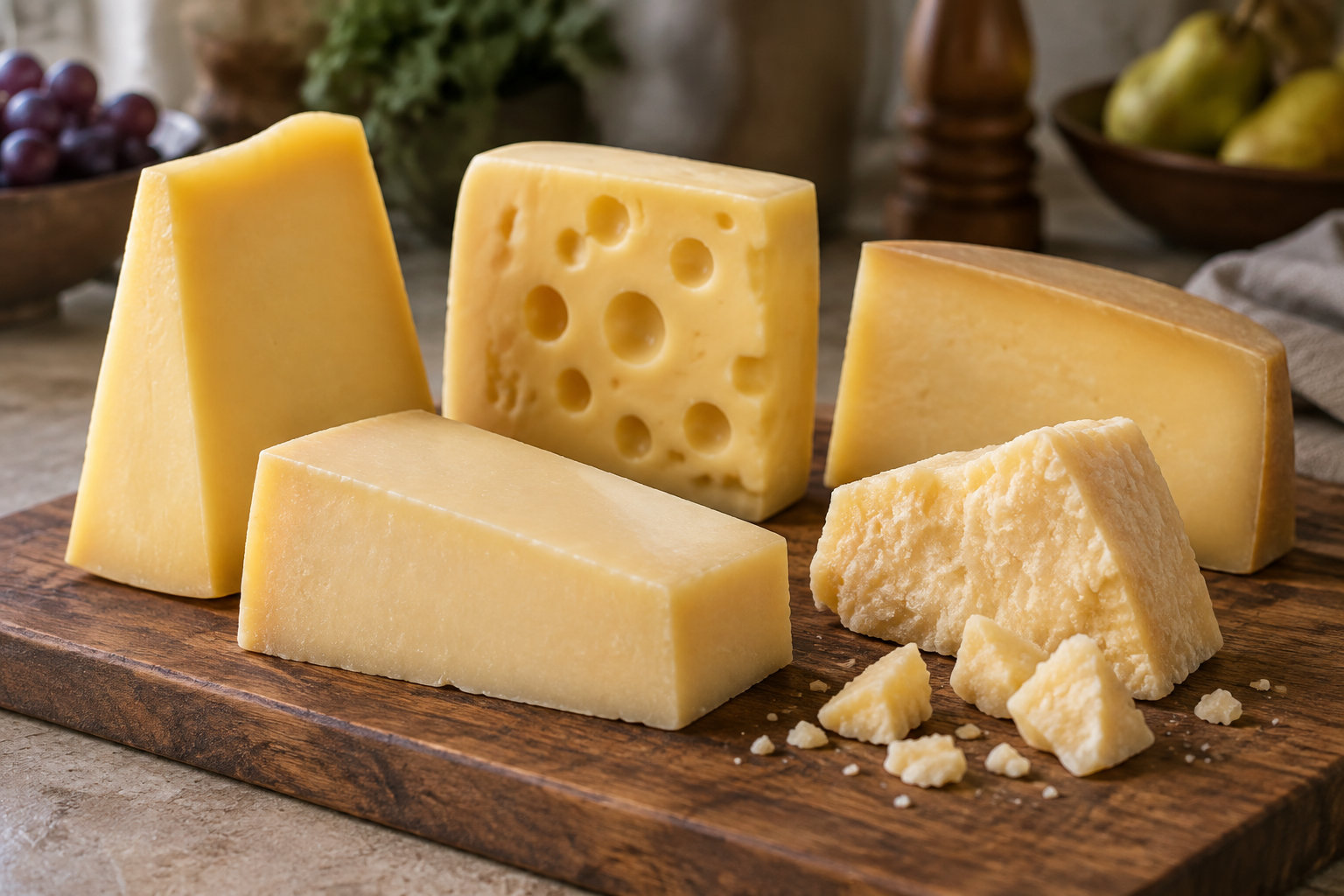 Plusieurs morceaux de fromages de différentes formes sont disposés sur une planche en bois, avec des raisins et des poires en arrière-plan.
