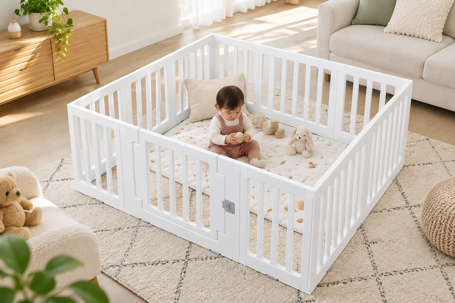 Un bébé assis sur un tapis matelassé joue avec un jouet dans un parc blanc entouré de peluches, au milieu d’un salon lumineux.