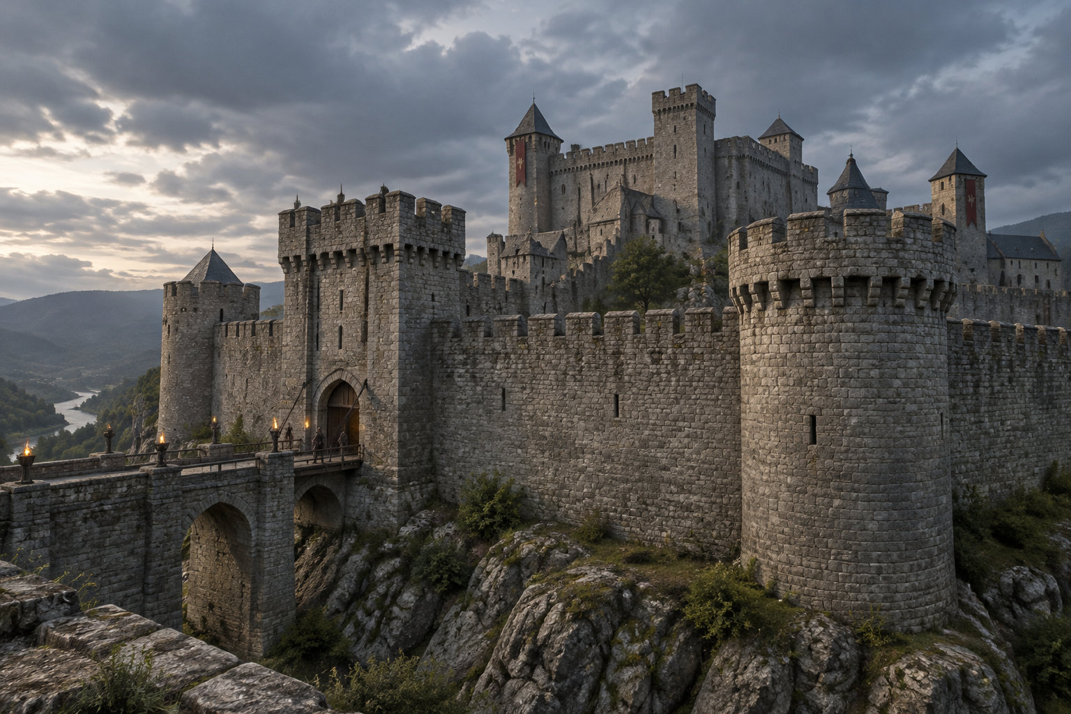 Un grand château fort en pierre domine une vallée sous un ciel nuageux, avec un pont menant à son entrée.