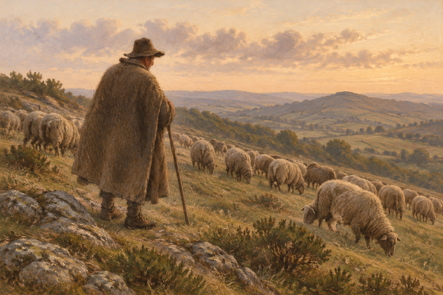 Un berger vêtu d’un manteau et coiffé d’un chapeau observe un troupeau de moutons sur une colline au coucher du soleil.