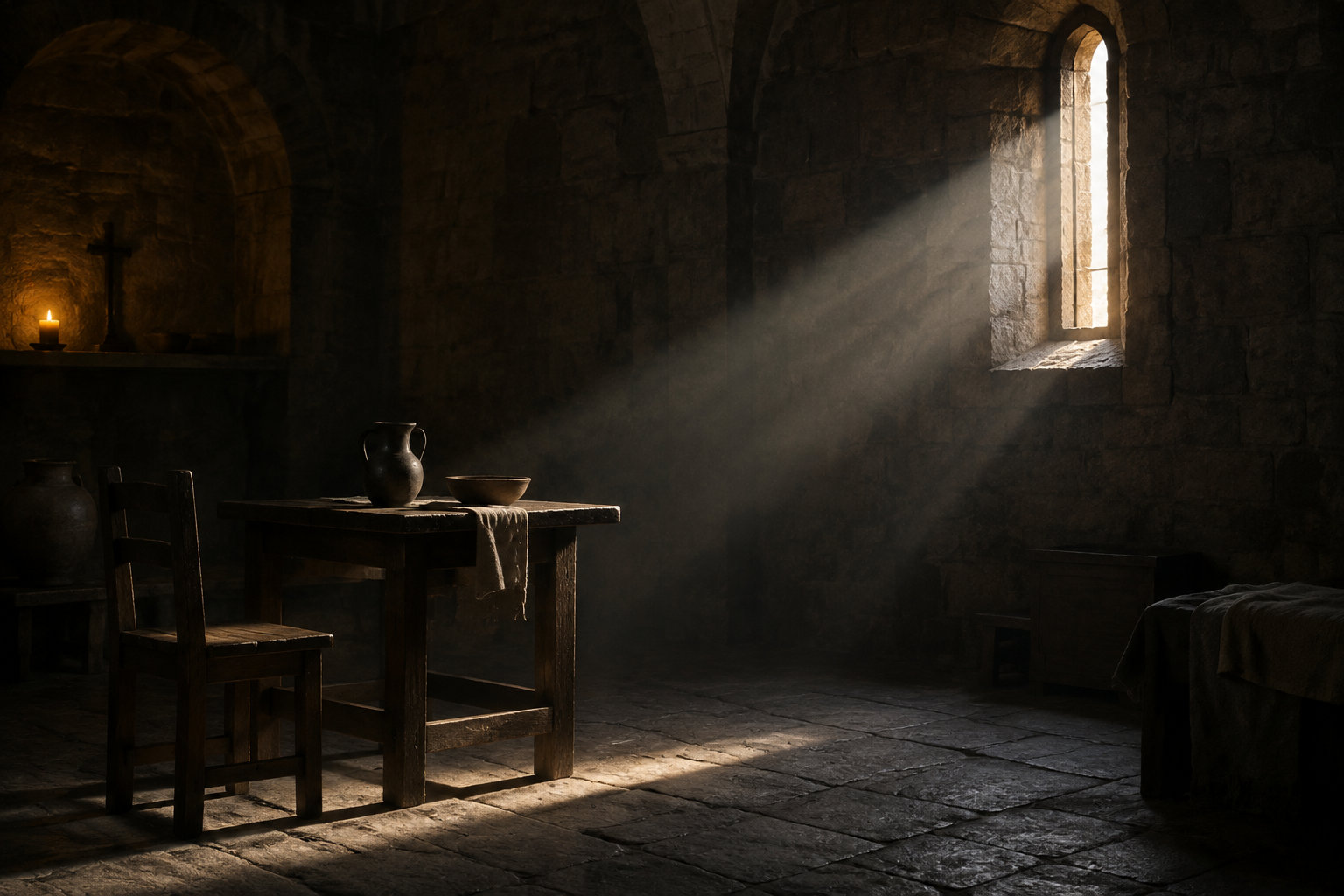 Une pièce sombre aux murs de pierre est éclairée par la lumière d’une fenêtre étroite, près d’une table en bois avec une cruche, un bol et un tissu, d’une chaise, d’une bougie et d’un lit.