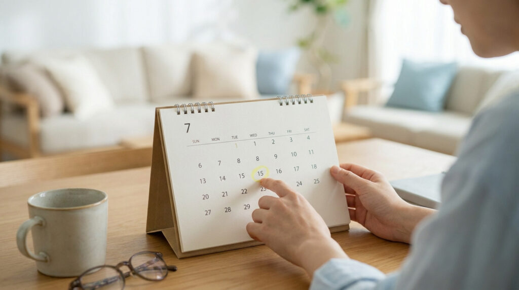 Une personne pointe du doigt une date sur un calendrier posé sur une table.
