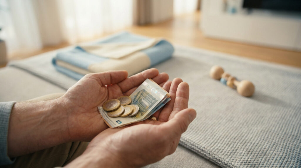 Mains tenant des pièces et des billets en euros au-dessus d'une couverture, avec un hochet en arrière-plan.